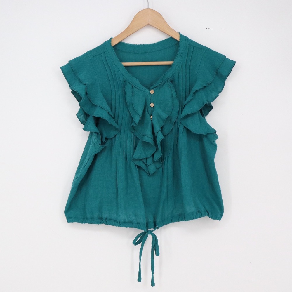 Unbranded Blouse Womens M Boho Ruffle Sleeve Teal Green Pintuck Pleated Exc